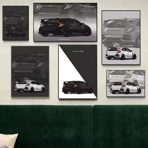 Civic Type R SUV Car Poster Canvas Printing JDM Car Wall Art Decor Japanese Civic Type R Black White Cars Aesthetic Decoration