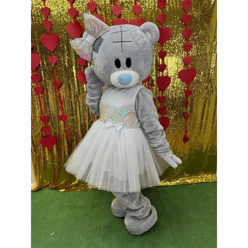

White Yarn Dress Plush Grey Teddy Bear Mascot Costume Wedding Carnival Masquerade Party Parade Outfits Halloween Fancy Dress