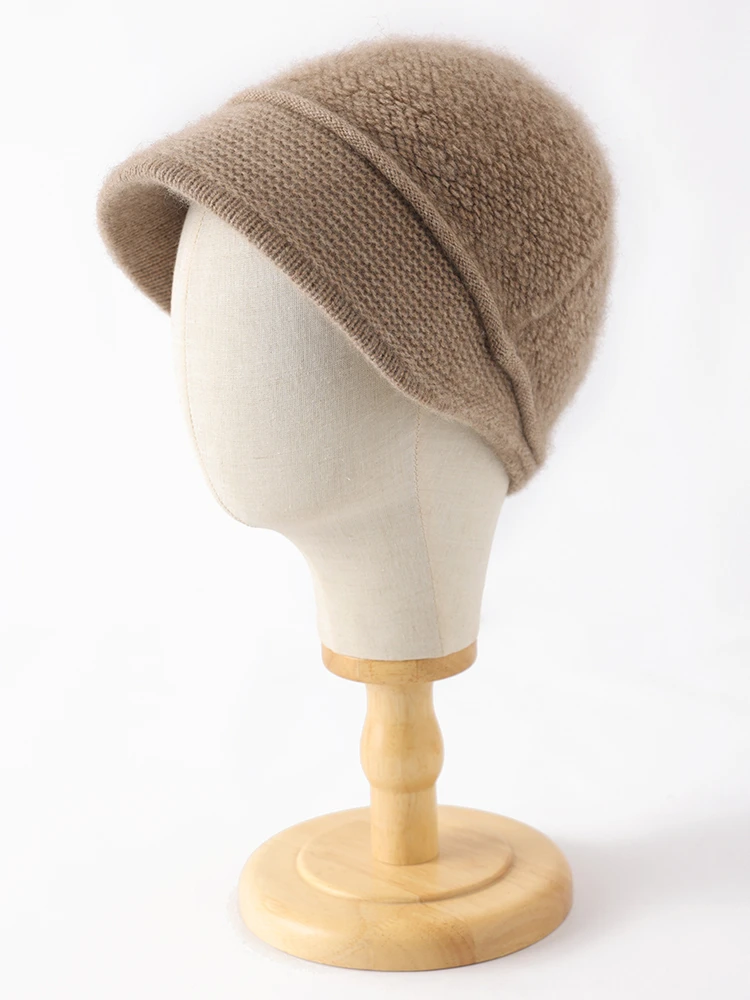 

100% Чистая кашемировая шапка-бини с козырьком для женщин, мягкая кепка-газетчица с отворотом, вязаная из букле-ткани, теплая зимняя шапка с козырьком, кашемировая шапка-уточка для зимы