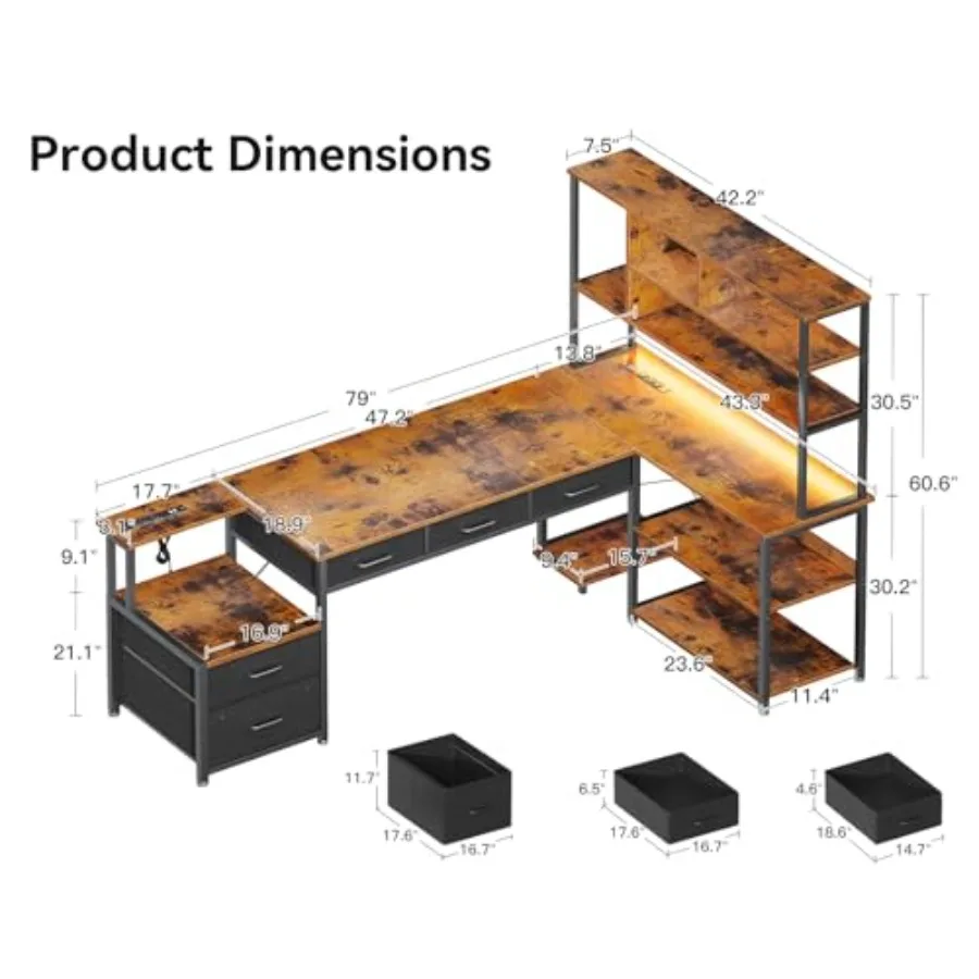 L Shaped Desk with 5 Drawers, LED Light and 2 Power Outlets