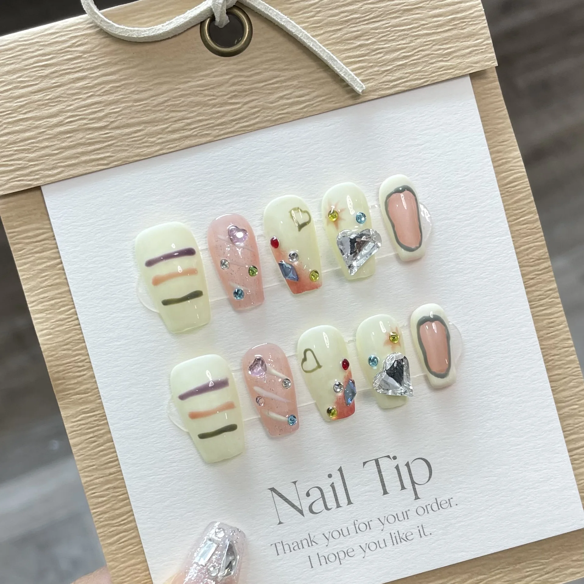 

10 PCS Luxury Handmade Press on Nails Short Trapezoid Bid Farewell Design False Nails with 4-PIECE Tool Adhesive Nail Glue Tabs