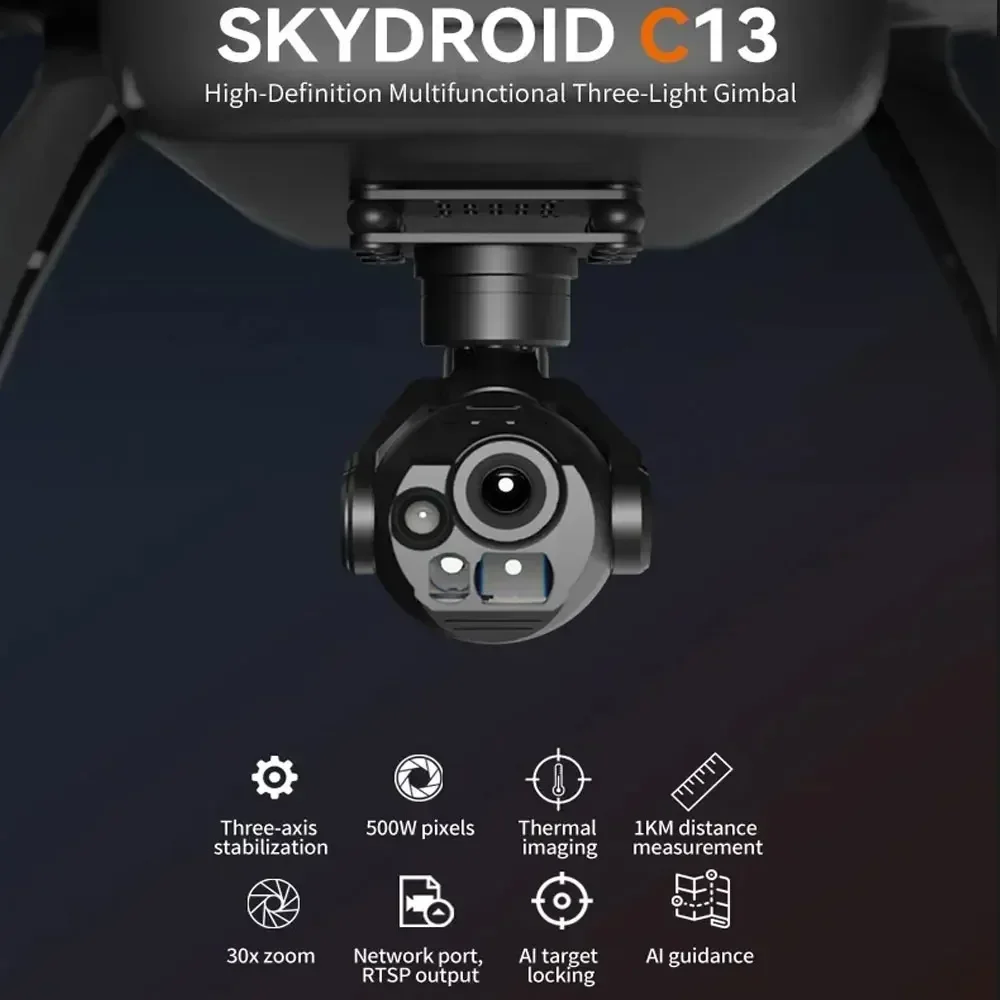 

Skydroid C13 HD Multifunctional 3-Light Gimbal Camera – 30x Zoom, Auto Target Lock, 3-Axis Stabilization