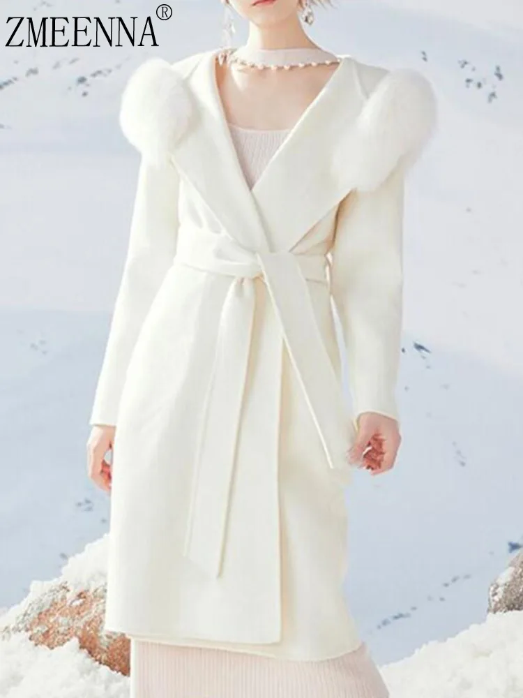 

ZMEENNA Women's Elegant White Wool Blend Wrap Coat With Real Fur Shoulder Accents Long Tie Waist Winter Overcoat Stylish ZM3378