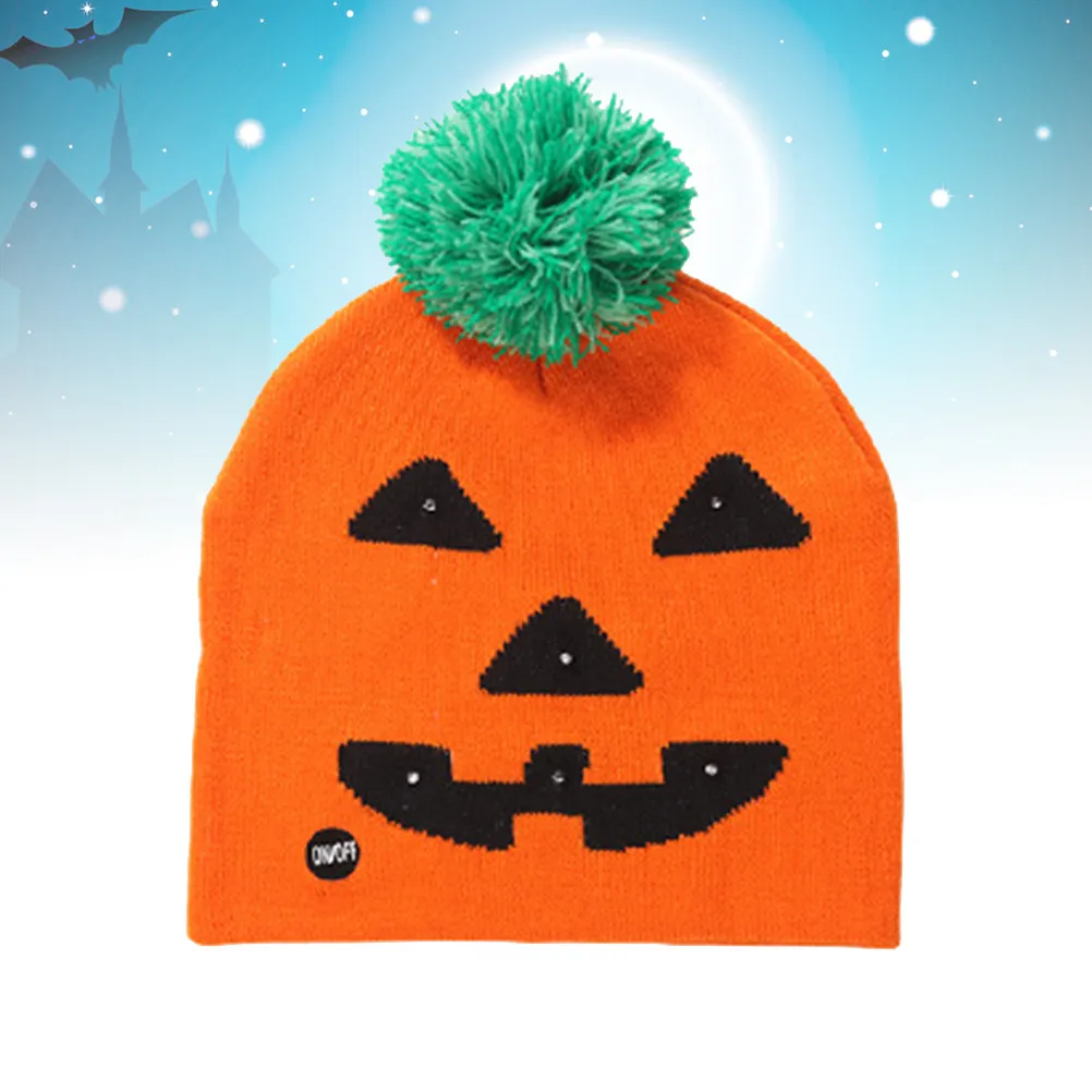 

Halloween Glowing Pumpkin Beanie Hat Knitted Warm Light Up Cap Party Accessory Comfortable for Adults Children