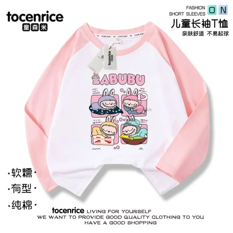 

Labubu MINISO Anime Kawaii Fashion Girly T-shirt Long Ins Sleeve Shoulder Print Hooded Cute Cartoon Clothing Children Gifts Toys