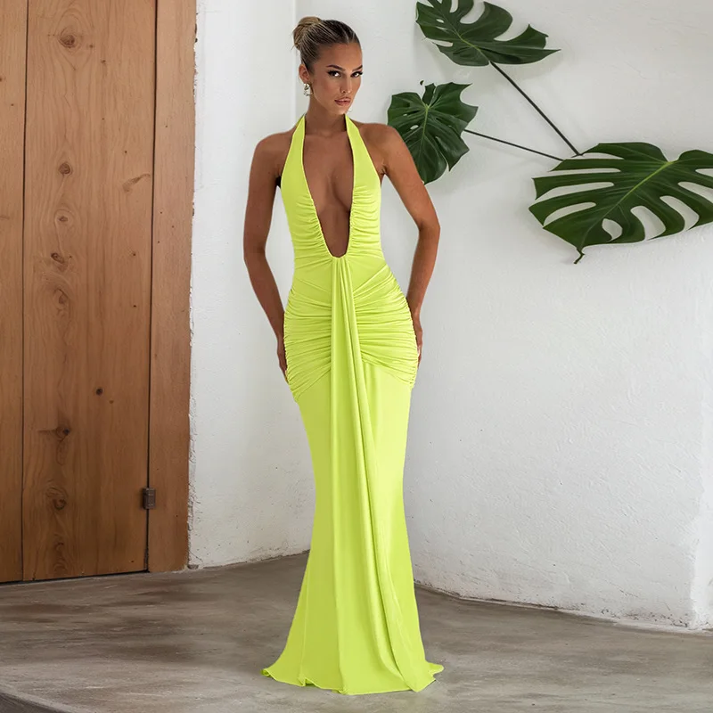 

Sexy Deep V-neck Backless Halter Maxi Dresses Women's Sleeveless High Waist Bodycon Pleated Robe 2025 New Evening Party Gown