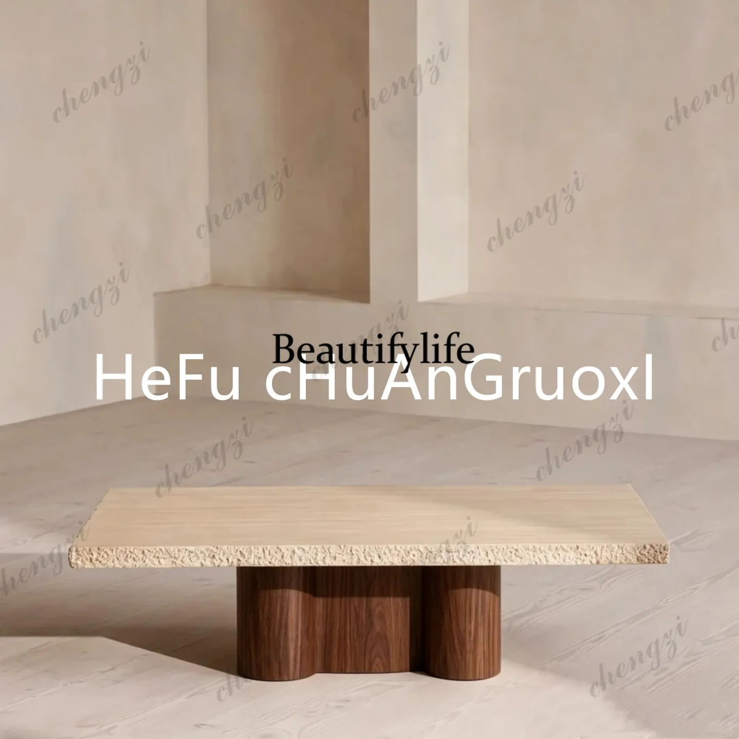 Medieval designer natural travertine walnut rectangular coffee table simple light luxury living room