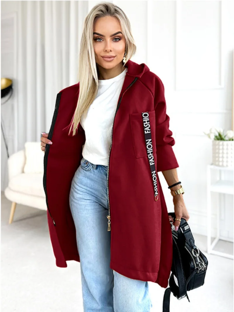 

Autumn Fashion Jacket For Women Loose Casual Commuter Hooded Zipper Long Sleeve Pocket Letter Print Jacket Warm Oversize Coat