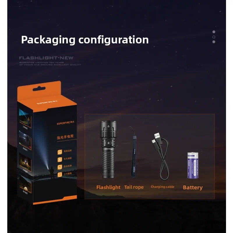 ไฟฉายระยะไกลพิเศษ 750 ม. 15 วัตต์ ปรับโฟกัสได้ แสงความเข้มสูง แบตเตอรี่ 5000mAh/26650 ความจุสูง ช่องเสียบ Type-C