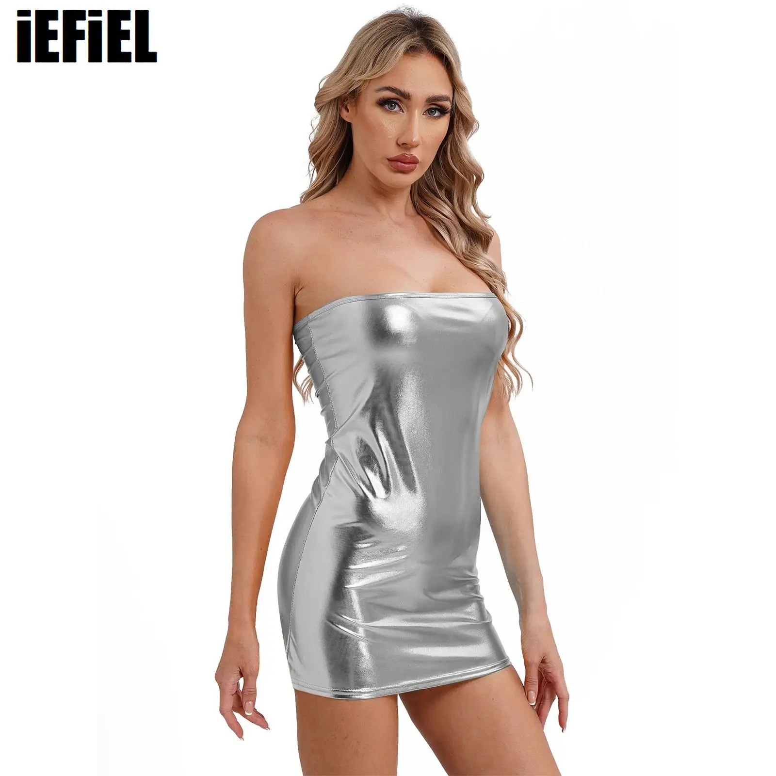 

Sexy Metallic Shiny Mini Dress for Womens Strapless Bodycon Dress Sleeveless Breast Wrap for Dancing Party Carnivals