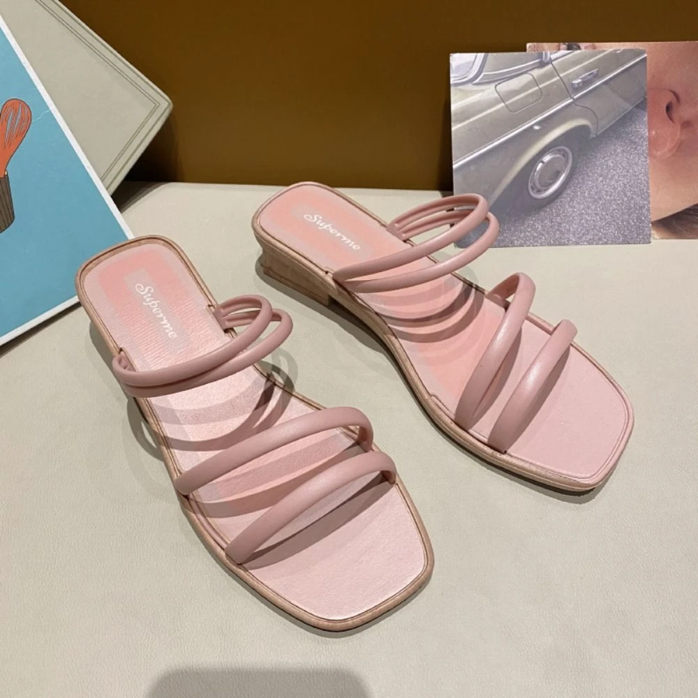 

All Match Anti Slip Low-heel Slippers Women Thin Belt PVC Slides Sandals Beach Wear Elegant Summer Platform Shoes Summer