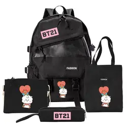 4Pcs Anime Bt21 Bt21 School Bag Backpack Crossbody Bag Four-Piece Set Creative New Student Handbag Pencil Case Gift for Kids