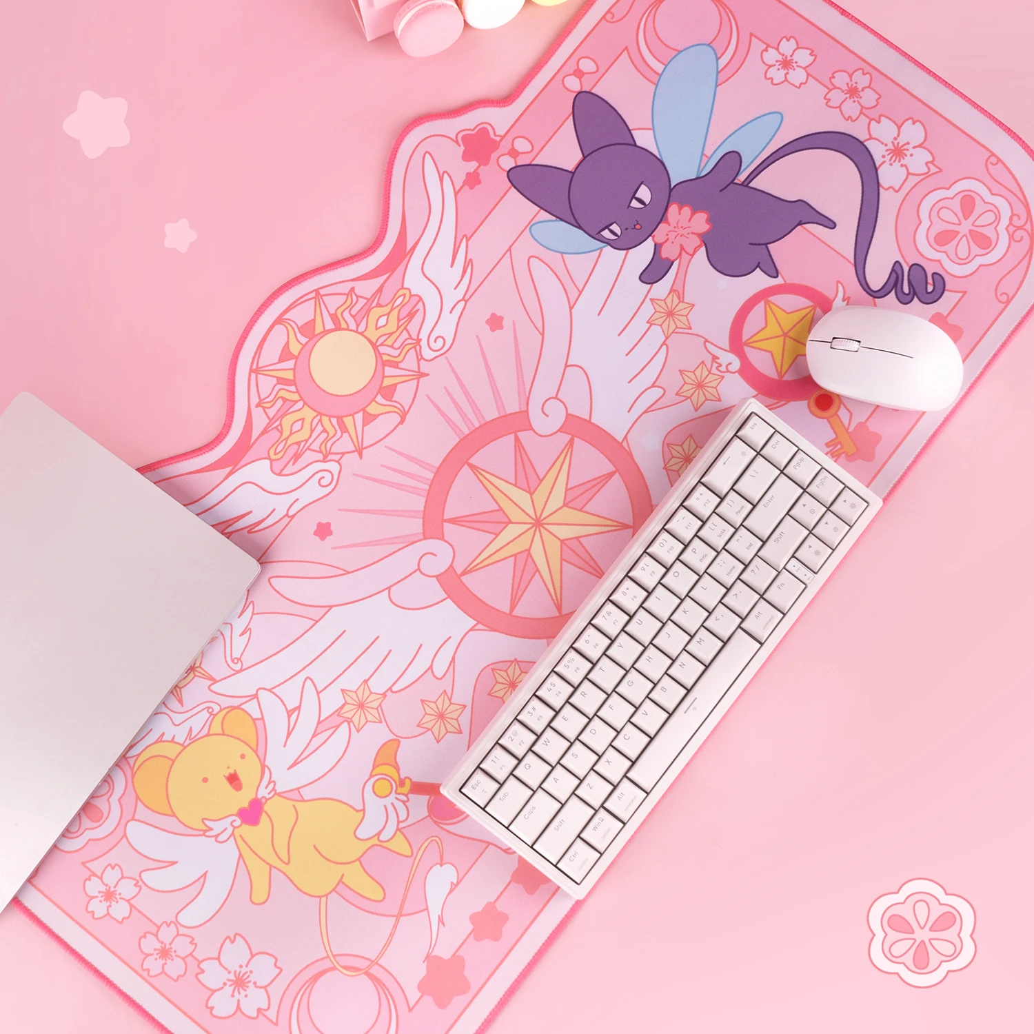 Pink Computer Gaming Mouse Pad - Cute Sakura Pattern Star Wings Non-Slip Desk Mat for Keyboard & Mouse (795x415mm)