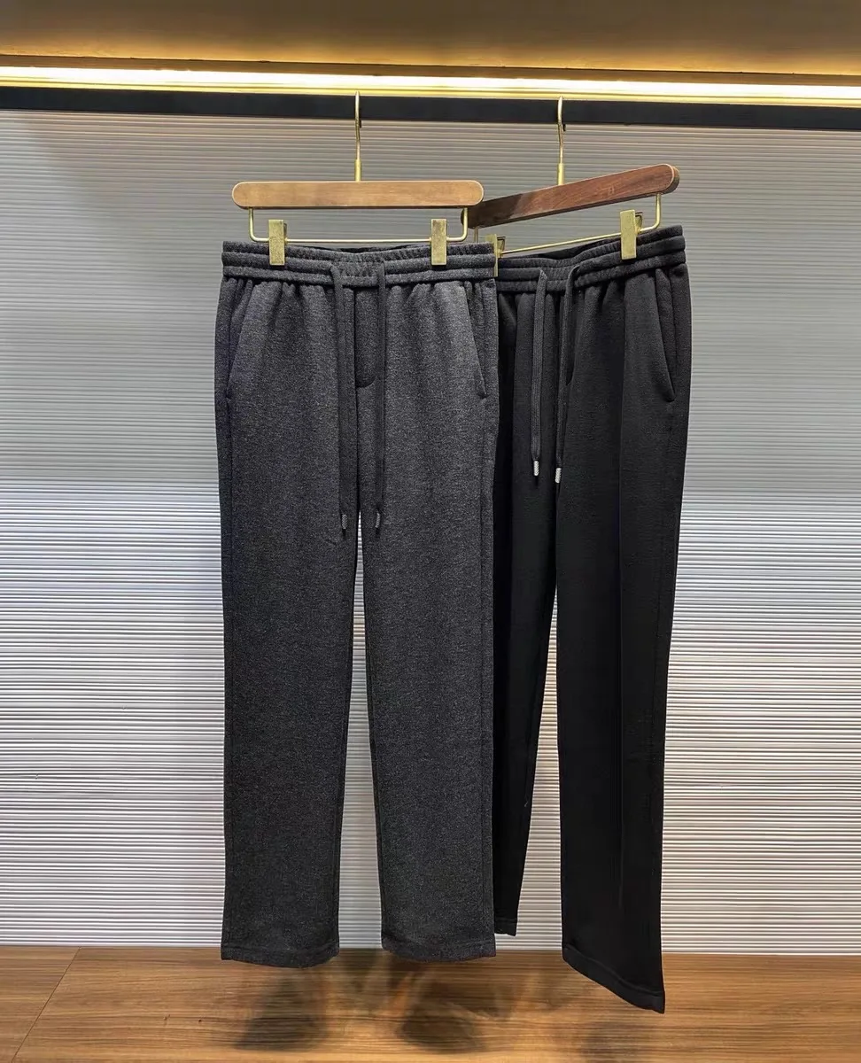 

Autumn Winter Men's Casual Pants Straight Leg Knitwear Wool Blend Fabric Metal Logo Dstring Elastic Waist Loose Fit