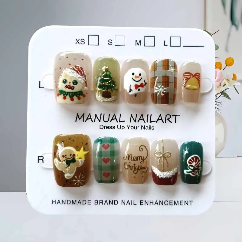 Patch de manucure court fait à la main, 10 pièces, bonhomme de neige, élan, arbre de noël, faux ongles pour enfants, dessin animé du père noël, Nail Art portable