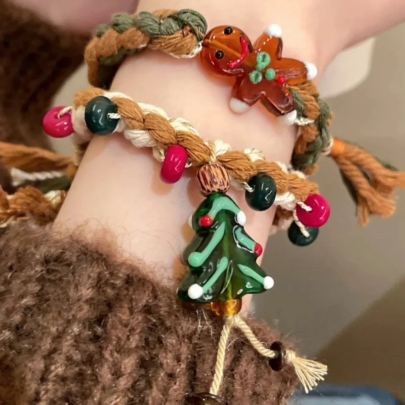 Pulsera navideña de cristal con cuerda tejida de hombre de jengibre para niñas, linda y creativa de otoño e invierno, Navidad retro y versátil