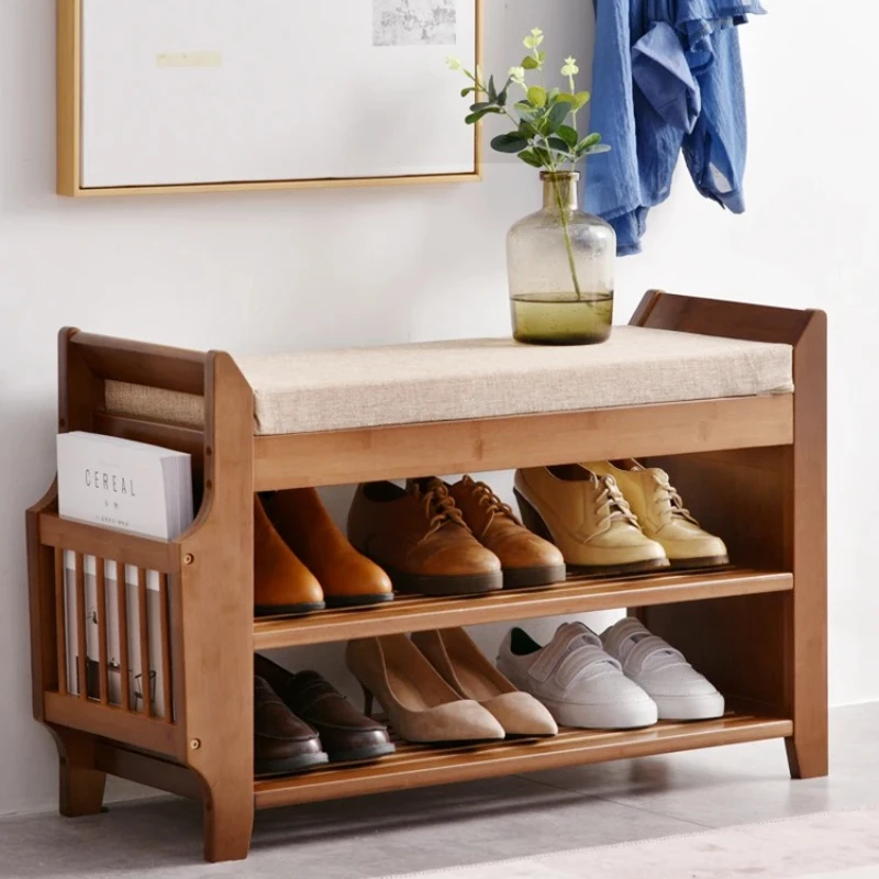 Bamboo Shoe Storage Bench with Drawer, Minimalist Long Seating Stool