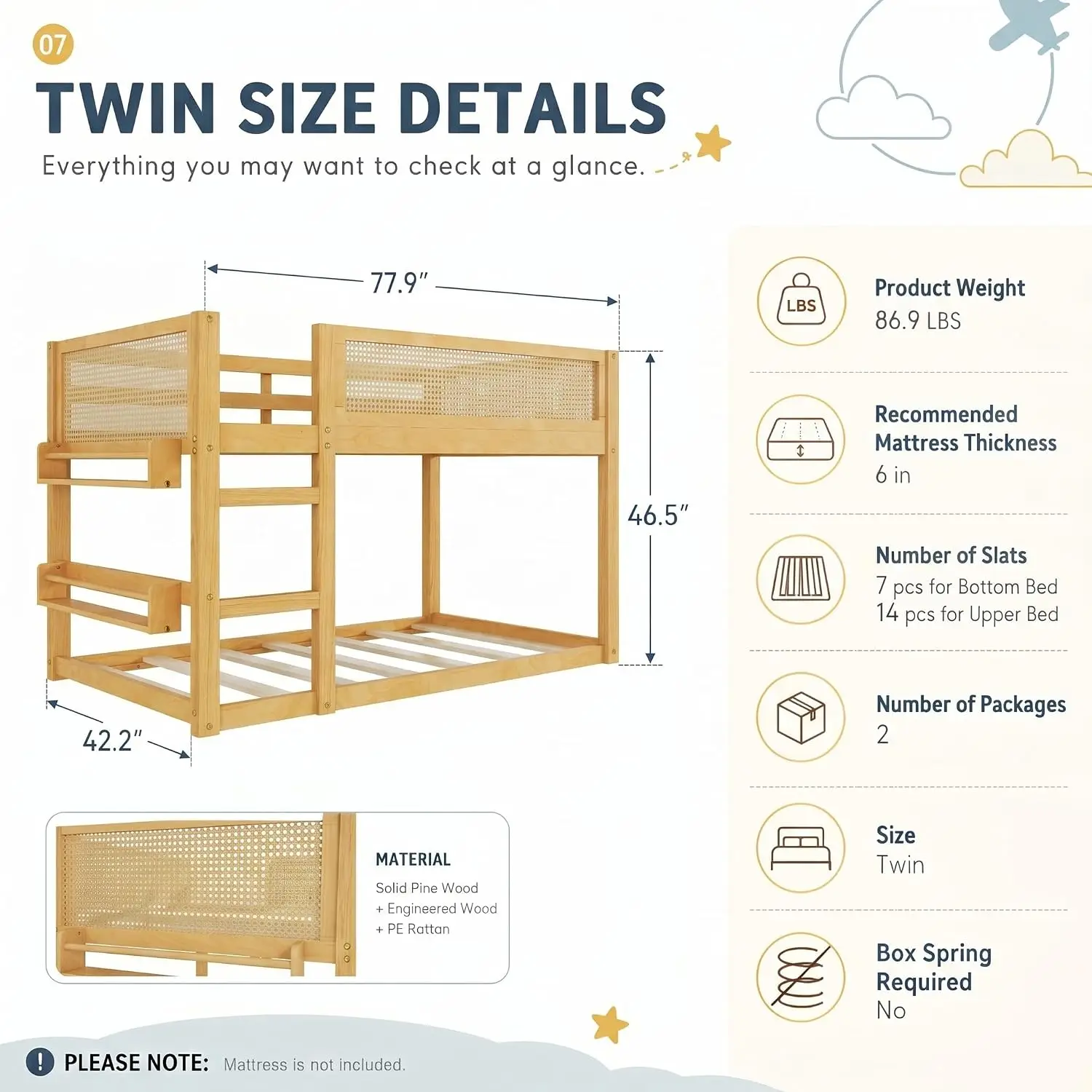 Twin Over Twin Floor Bunk Bed with Storage Shelves and Ladder, Low Bunk Bed  with Rattan Guardrails,, Customized