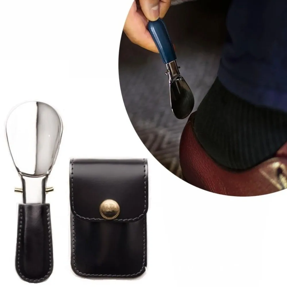 Leather Bag Elderly Person Folding Shoehorn Mini Wearing Aid Stainless Steel Shoe Horn Solid Color PU Handle