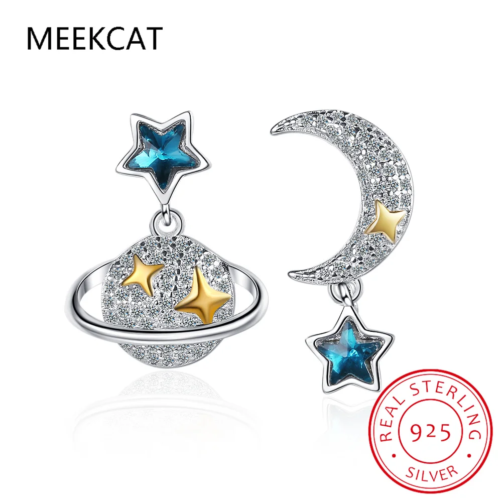 Star Created Blue Sapphire 925 Sterling Silver Planet Asymmetrical Stud Earrings for Women Gemstone Fine Jewelry Birthday Gift