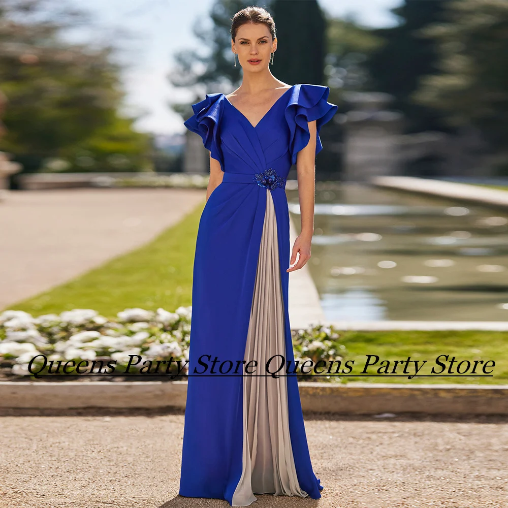 New Mother of The Bride Dress Batwing Sleeves V Neck Pleat Beads Belt Pleat Straight Wedding Guest Gown Banquet Evening Dresses