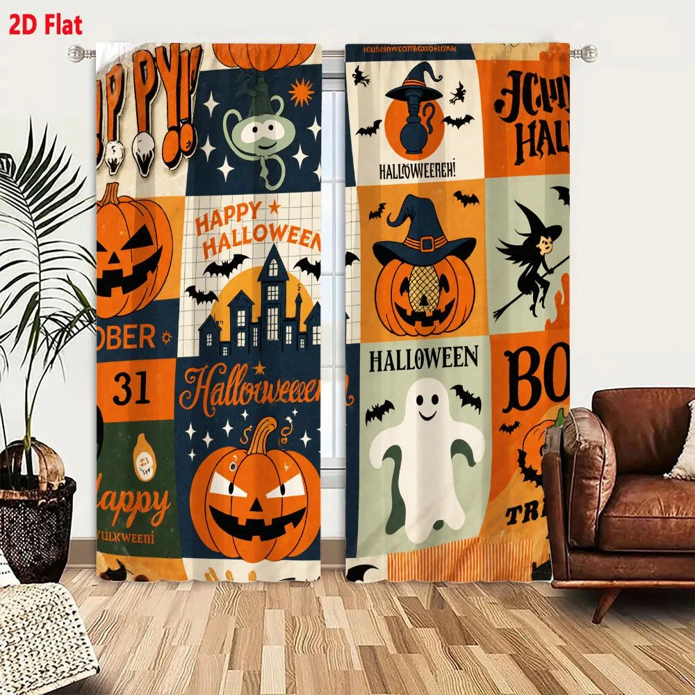 2Pcs Curtains 2D Flat Halloween Patchwork Art Design with Jack-O'-Lanterns Ghosts Witches Bats Haunted Houses Festive Graphics T