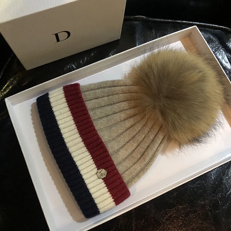 Adult Winter Wool Beanie Hats for women 100% Raccoon Fur Pompom Hat Female knitted pompon caps