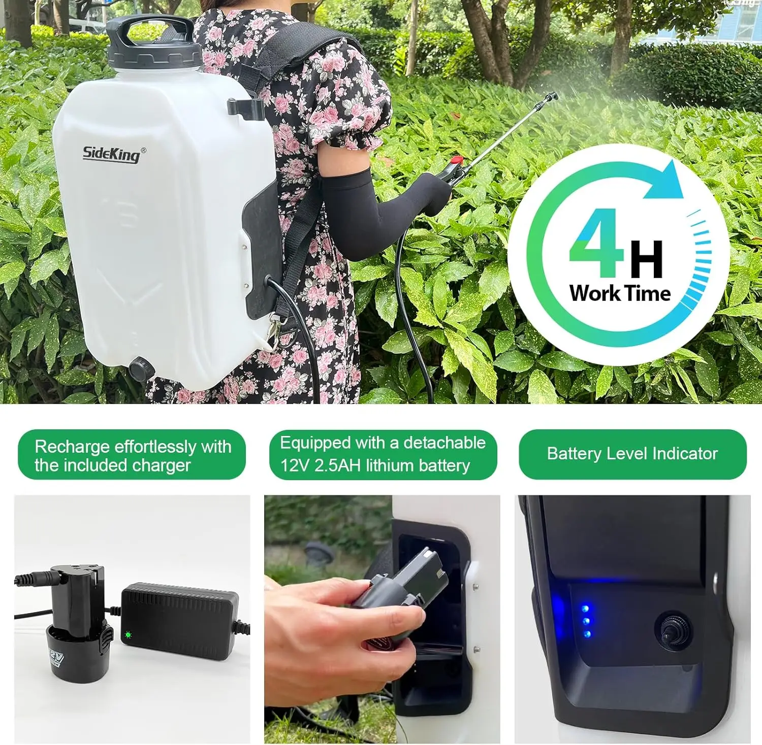 Battery Powered Backpack Sprayer 4 Gallon Powerful Electric Garden Sprayer with 12V Rechargeable Battery, Telescopic Wand