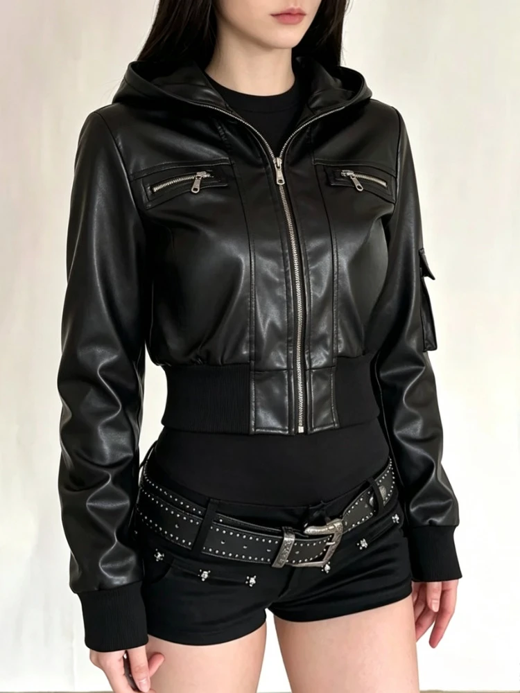 American Vintage Gothic Punk Leather Jackets for Women 2026 Autumn Long Sleeve Slim Fit Black Subculture Club Party Outerwear