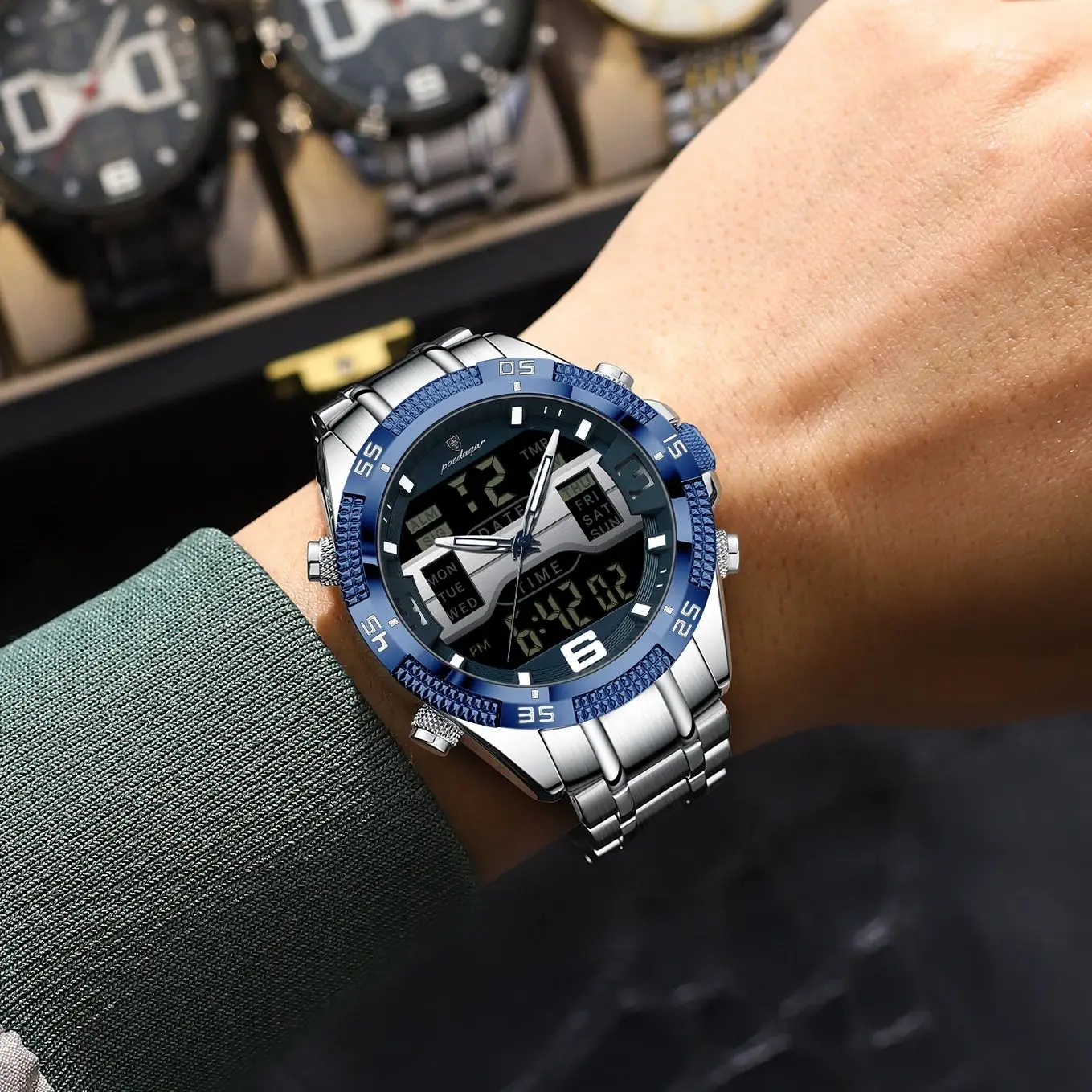 POEDAGAR Orologio da uomo di marca di lusso Impermeabile LED Settimana Data Orologio da uomo al quarzo moda Orologi da uomo elettronici digitali sportivi alla moda