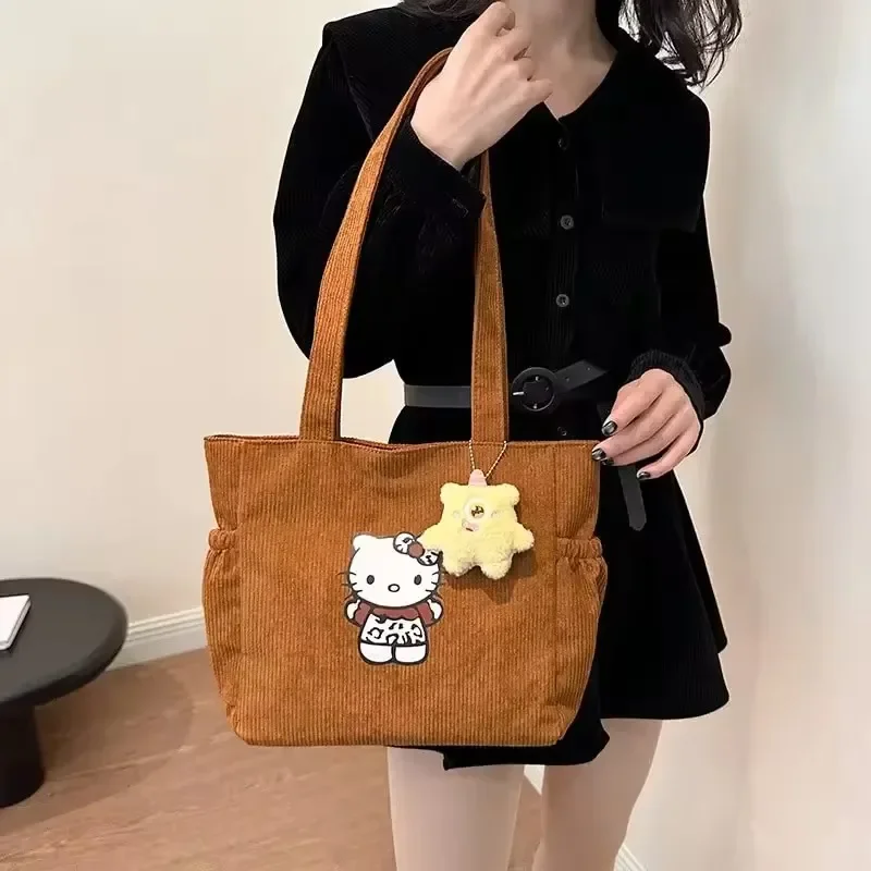 Sanrio HelloKitty Handbag Cute Kawaii Corduroy Printed Shoulder Bag Kt Catwoman Autumn Winter Large Capacity Student Storage Bag