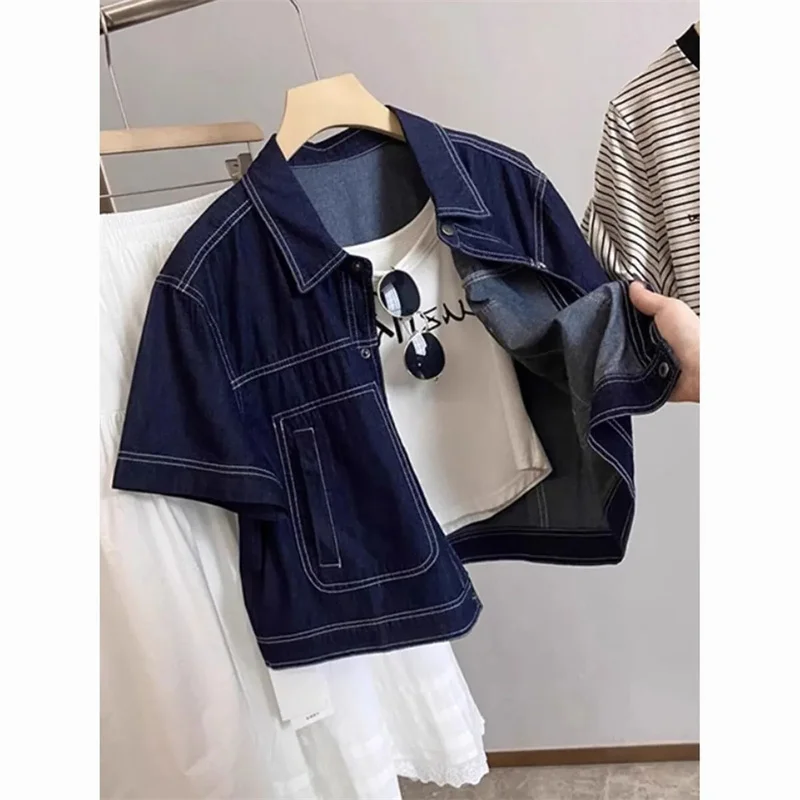 Deep Blue Retro Short Denim Shirts 2026 New Spring Summer Short Sleeved Loose Jeans Jacket Women Korean Versatile Outwear Tops