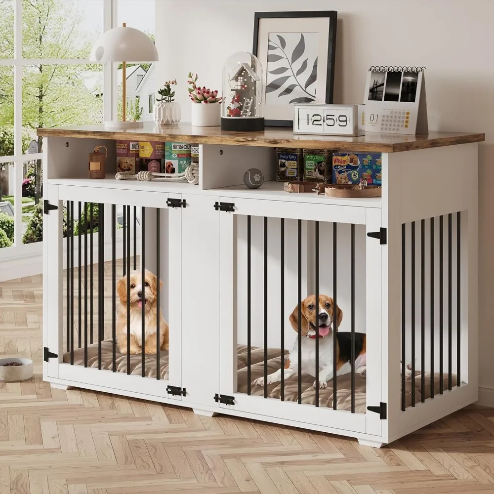 

Masterpiece 55'' Dog Crate Furniture For 2 Dogs, Wooden Dog Cage With Storage Compartment, Indoor Dog Kennel With 2 Doors For L