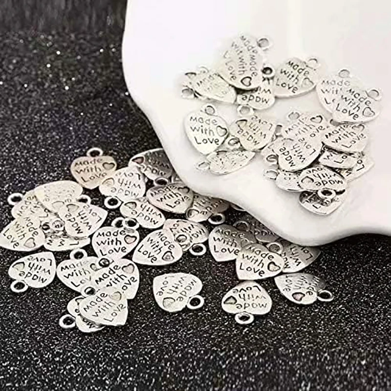 yeyulin 10pcs Letter Heart Charm Word Made With Love Charm Pendant For Women Men DIY Gift Jewelry Making Accessories 13*10mm