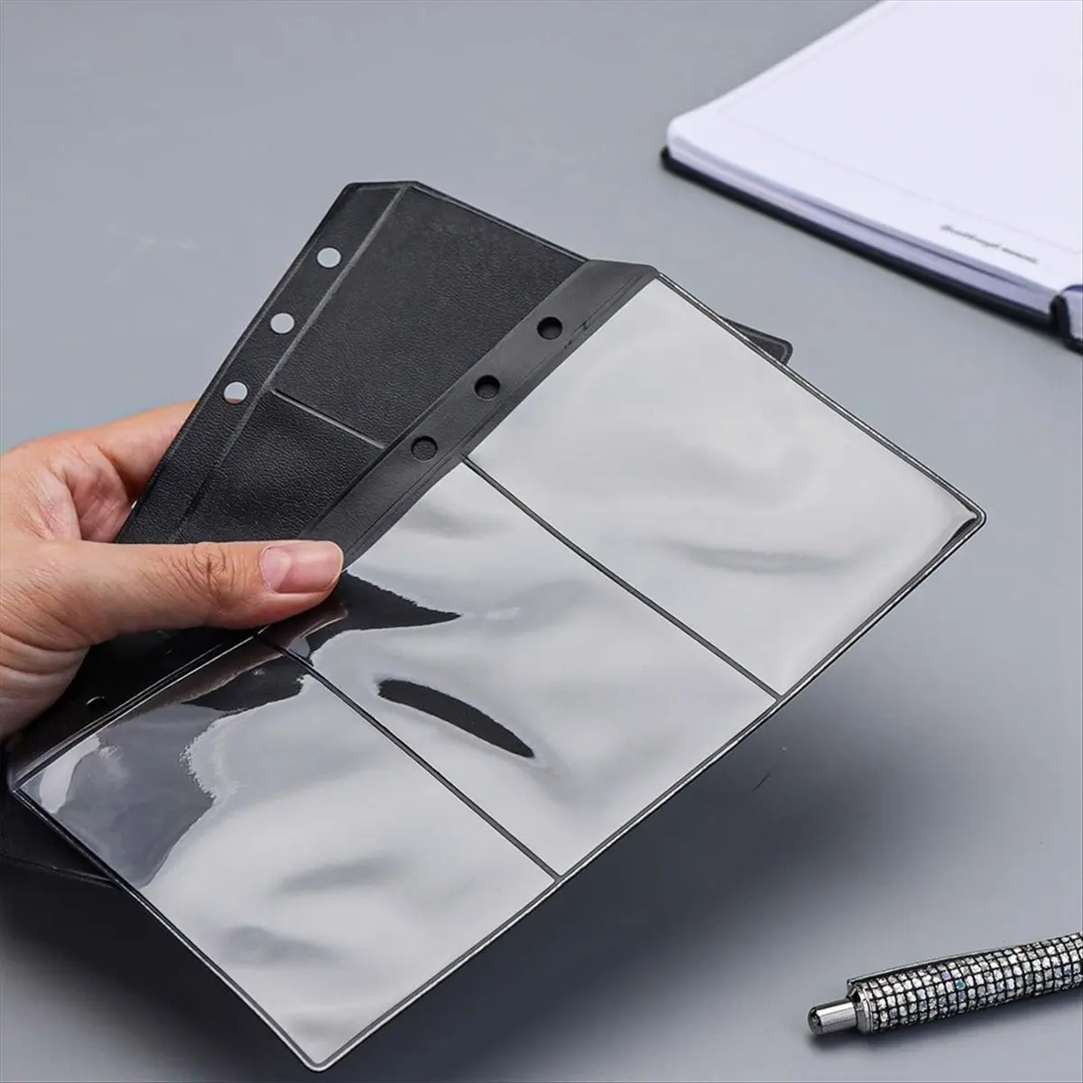 ABPP 12pcs Black A6 Binder Pockets PVC Cash Envelopes Budget Money Zipper Pouch Reusable Envelopes for Cash 3 Grid