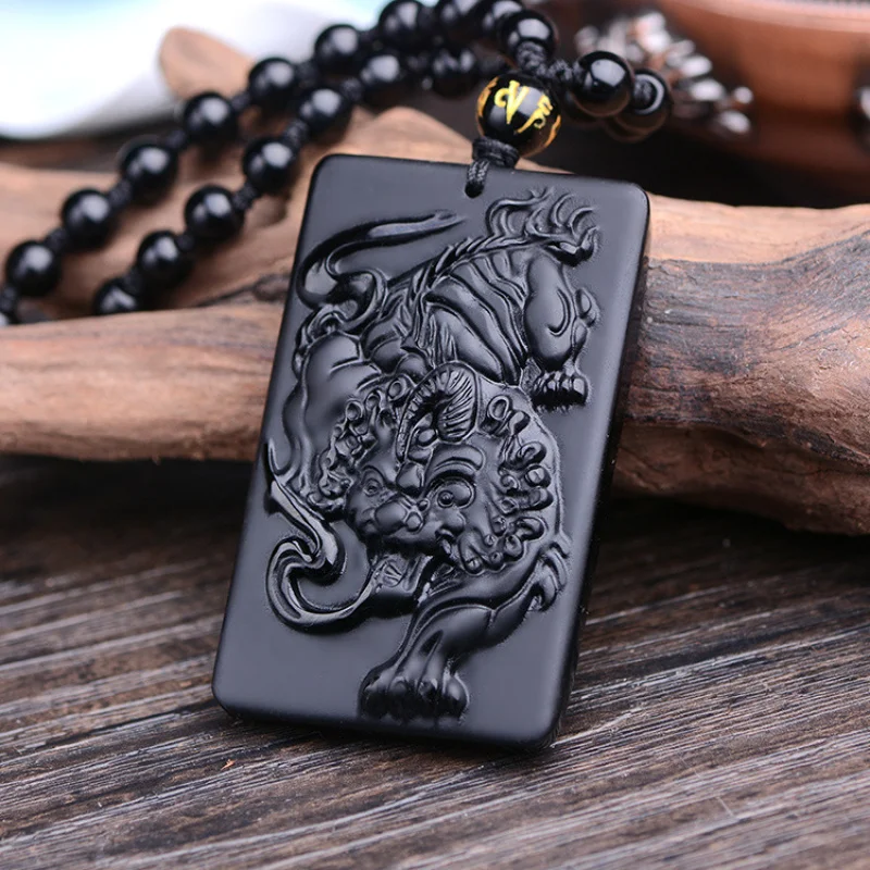 

Natural Black Obsidian Tiger fortune Pixiu sweater chain MEN'S pendant