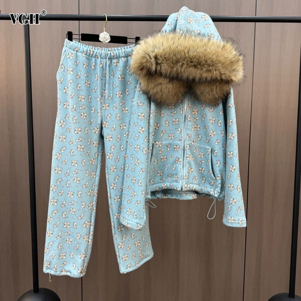 VGH Print Two Piece Set for Women Hooded with Faux Fur Long Sleeve Spliced Zip Coat High Waist Wide Leg Pants Casual Sets Female