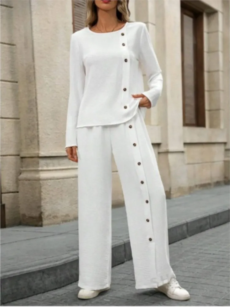 Conjuntos de botones lisos para mujer, conjunto informal de manga corta con cuello redondo y pantalones de pierna de cintura alta, conjunto de 2 piezas a la moda