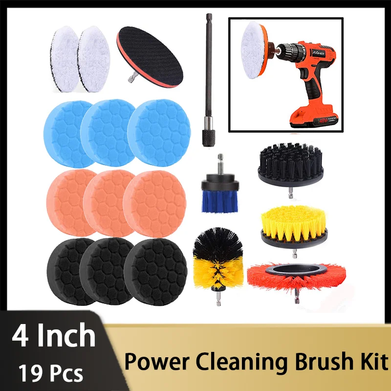 4 Inch Power Cleaning Brush Attachments Cleaning Set 19 PCS with Scrub Pads Sponge Power Scrubber for Polishing Bathroom Kitchen