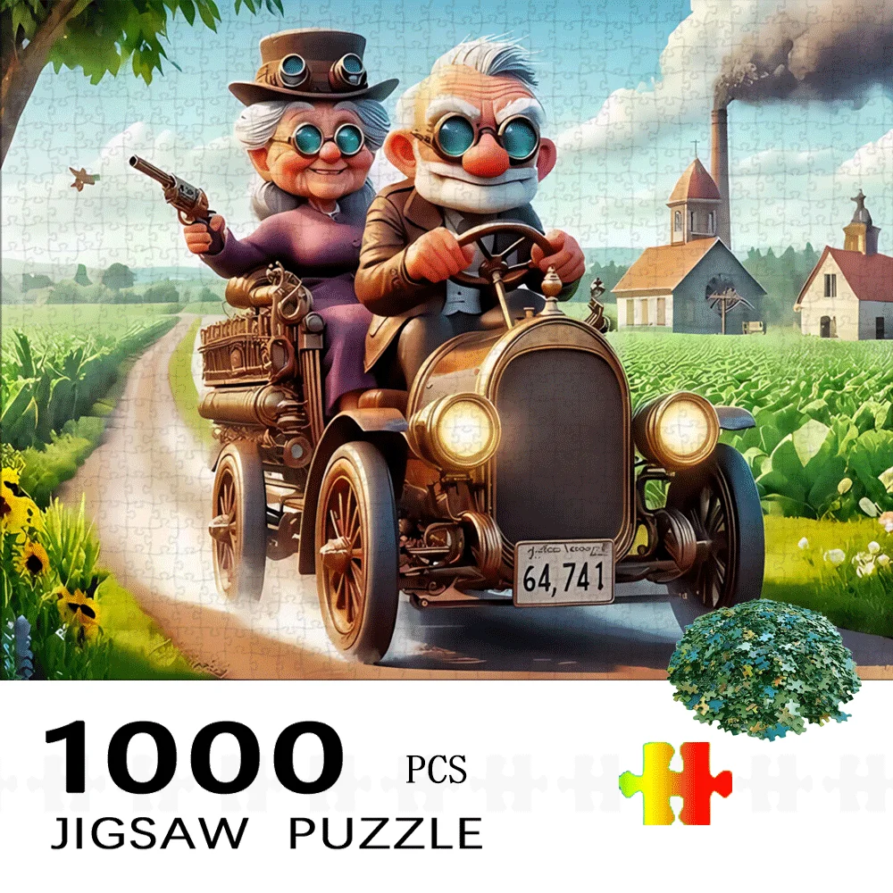 Puzzle vintage da 1000 pezzi: affascinante coppia di anziani in auto convertibile retrò, puzzle di grandi dimensioni per adulti e famiglie