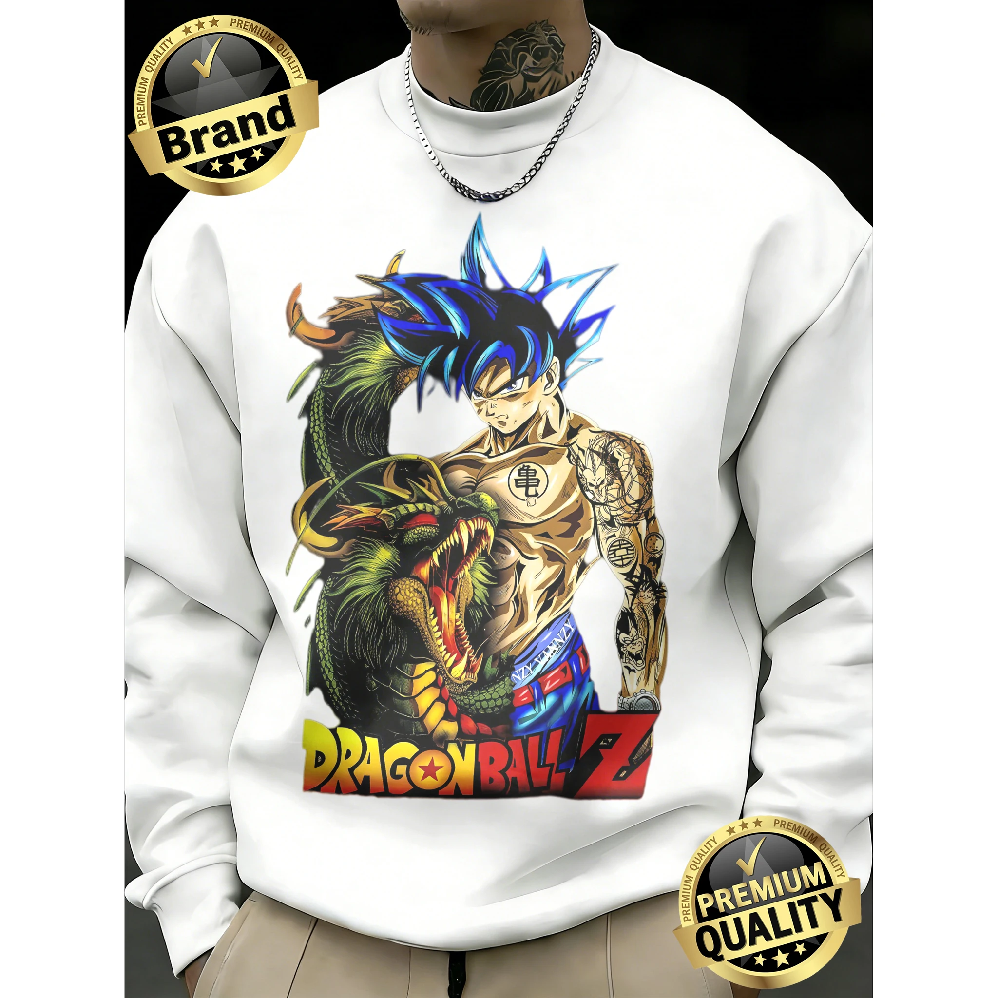 

2026 Spring Autumn Retro Dragon Ball Sweatshirt, 100% Cotton Crewneck, Goku Blue Hair & Shenron Print Oversized Daily Sports Top