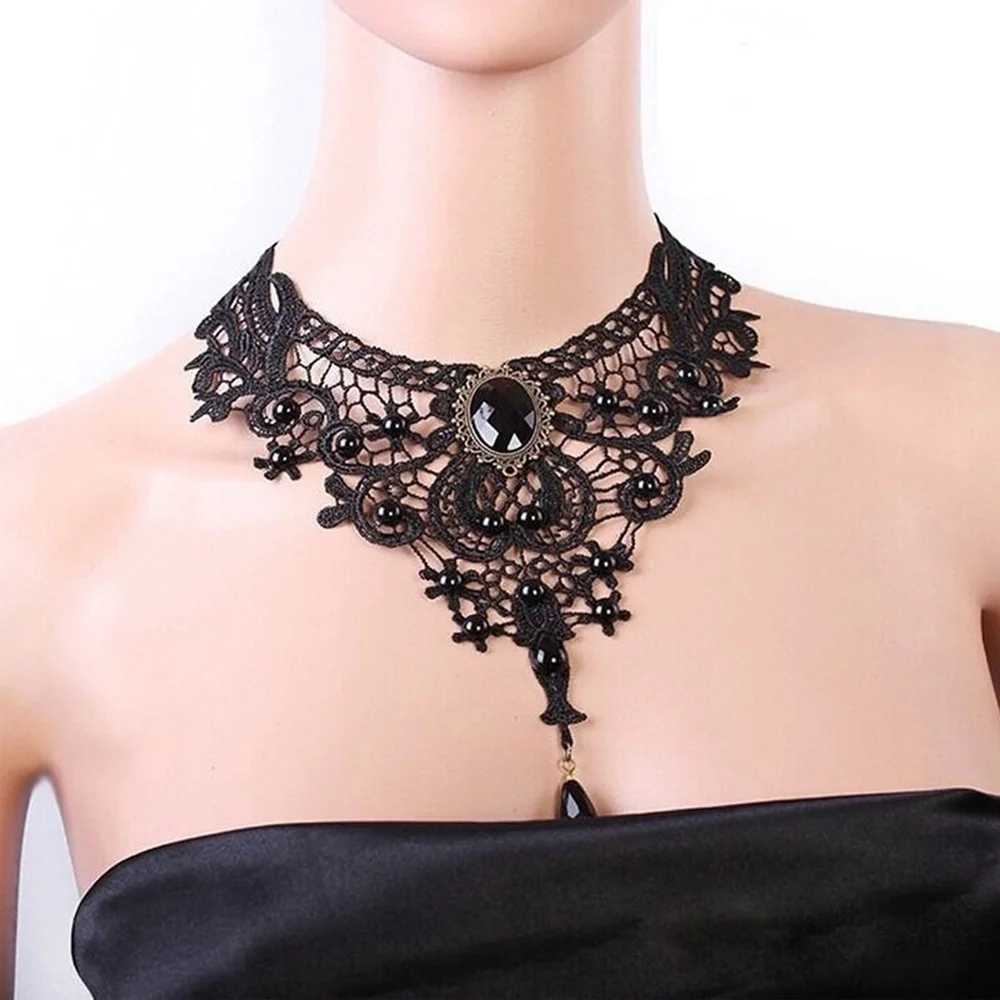 Fashion New Vintage Gemstone Black Lace Beads Choker Gothic Steampunk Style Stonego Gothic Collar Necklace ( Pack of 1/2)