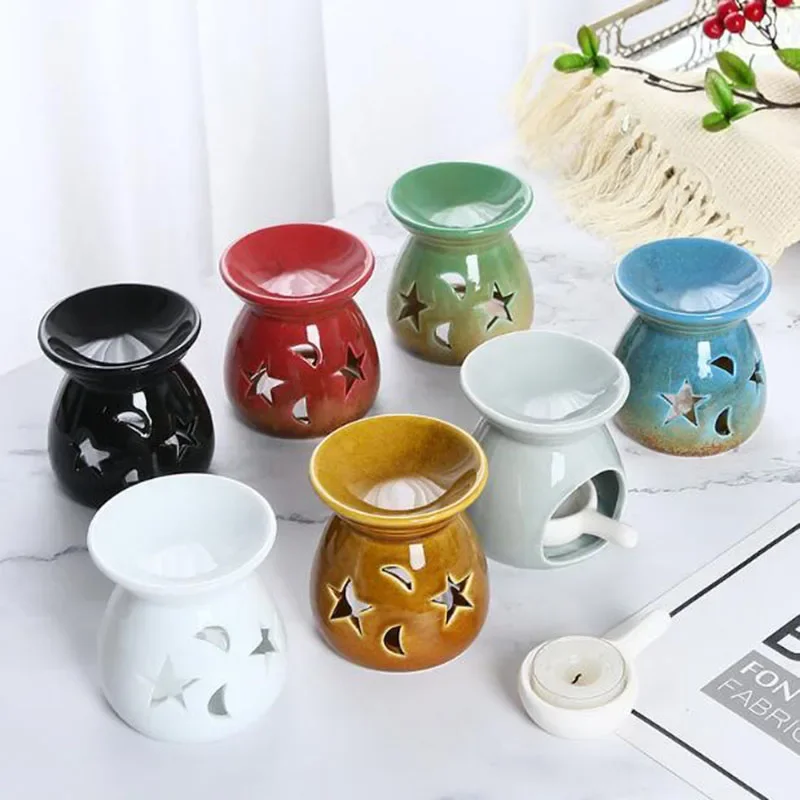 Kiln Transformation Porcelain Hollow Star Moon Aroma Burner Essential Lamp Oil Candle Holder Fragrance Product for Indoor Supply