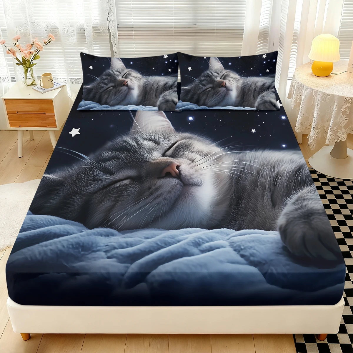 

Комплект постельного белья из 3 предметов с принтом звездного неба и кота — 1 простыня + 2 наволочки, мягкое уютное постельное белье для спальни