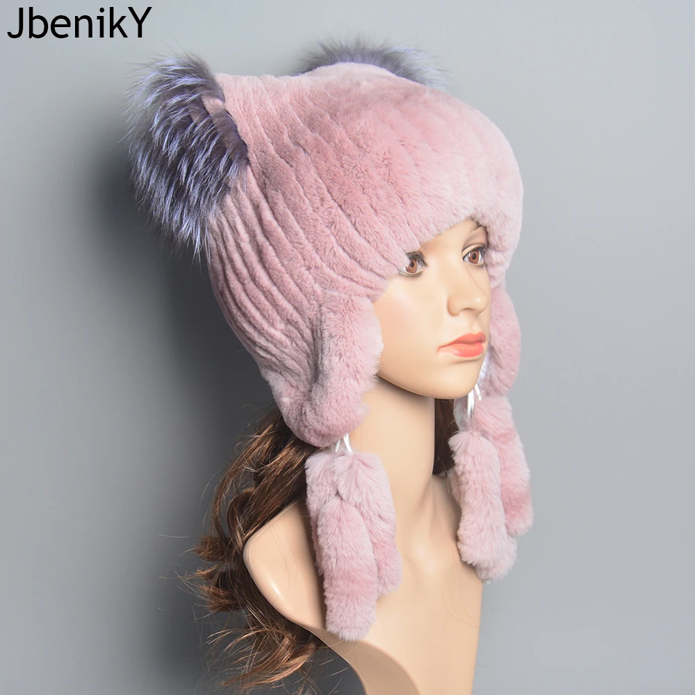 

100% Real Fur Hat for Women Natural Rex Rabbit Fur Russian Ushanka Hats Winter Thick Warm Ears Fashion Bomber Cap Girls Fur Hat