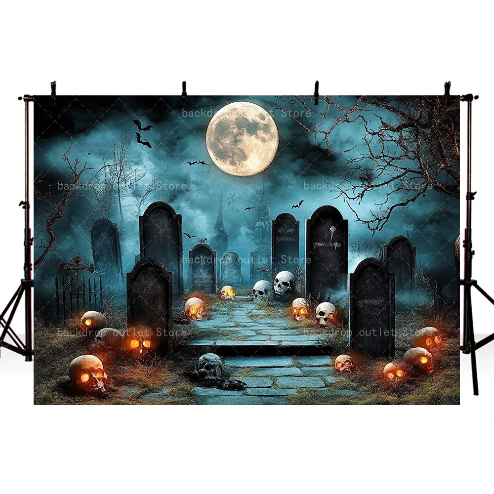 Mehofond Halloween Horror Tombstone Photography Backdrop Moon Skull Pumpkin Lights Bat Background Decor Prop Photo Studio