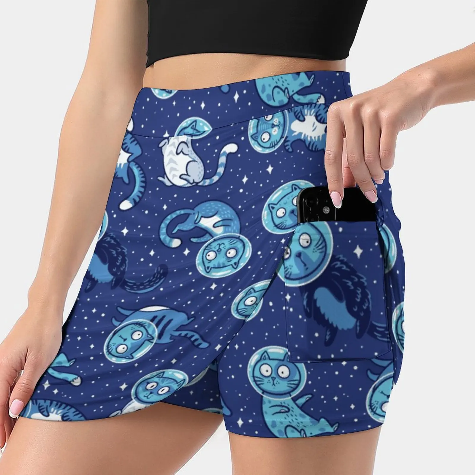 Galaxy Cats Women Sports Skirt Tennis Golf Dance Fitness Running Yoga Skirts Astronaut Cat Galaxy Animal Astronomy Blue Cartoon