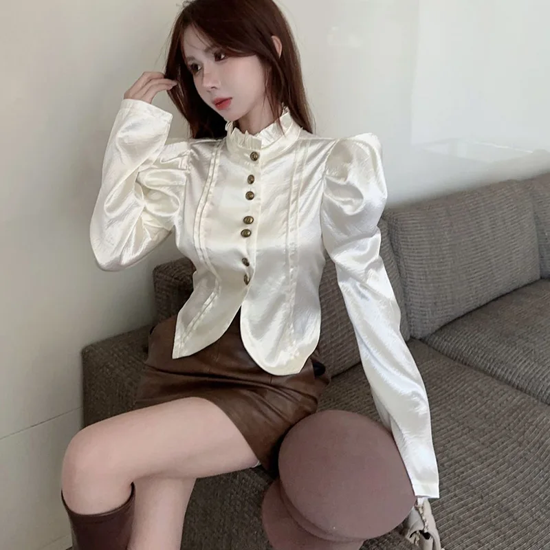 Ladies Temperament Buttons Solid Color Stand Collar Long Sleeve Blouse Autumn New Fashionable Ruffles Slim Shirts Women Clothes