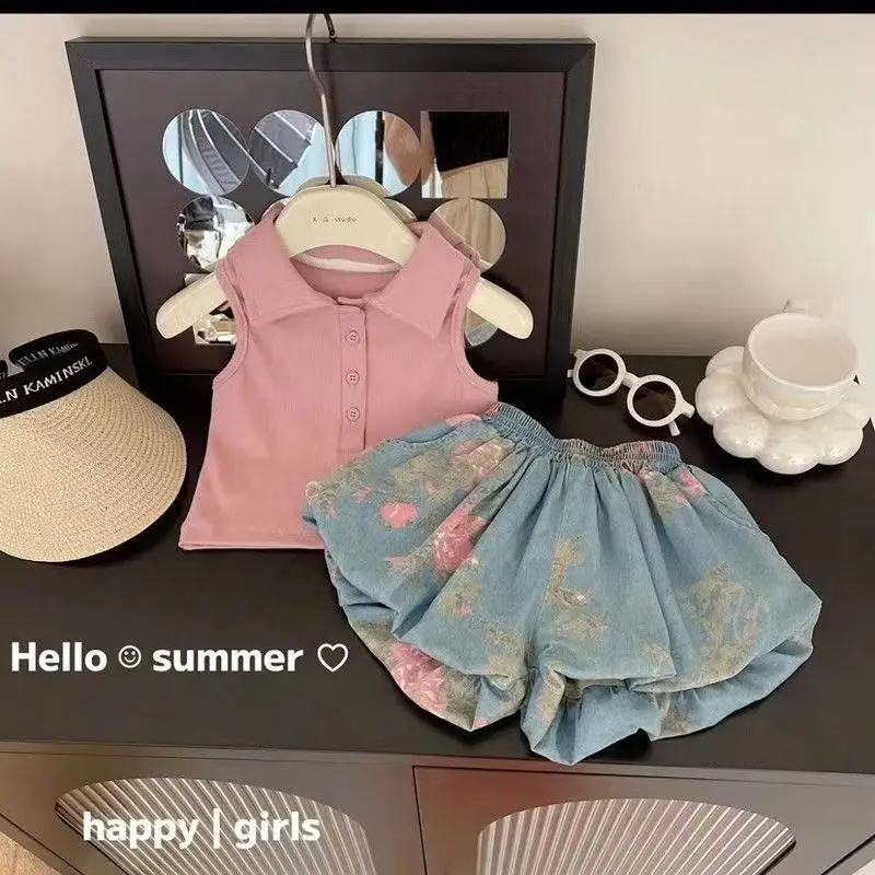 

Summer Korean Kids Baby Girl 2PCS Clothes Set Solid Turn Down Collar Vest Top+flower Bud Shorts Suit Print Shorts Outfits
