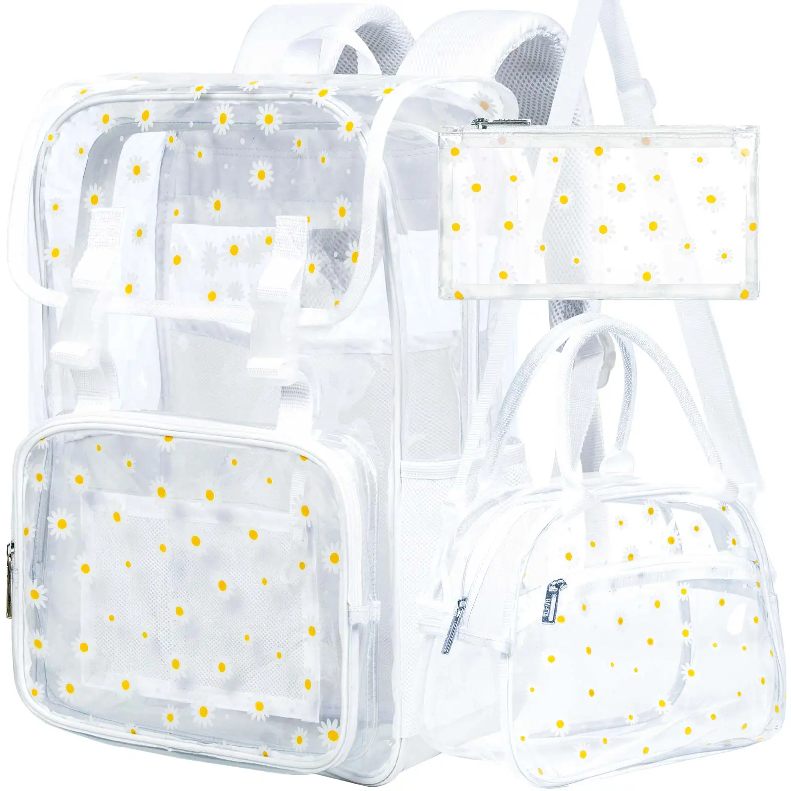 

3PCS Clear Backpack, Heavy Duty Transparent Bookbag for Girls Women, Stadium Approved See Through Backpack Set (White Daisy)